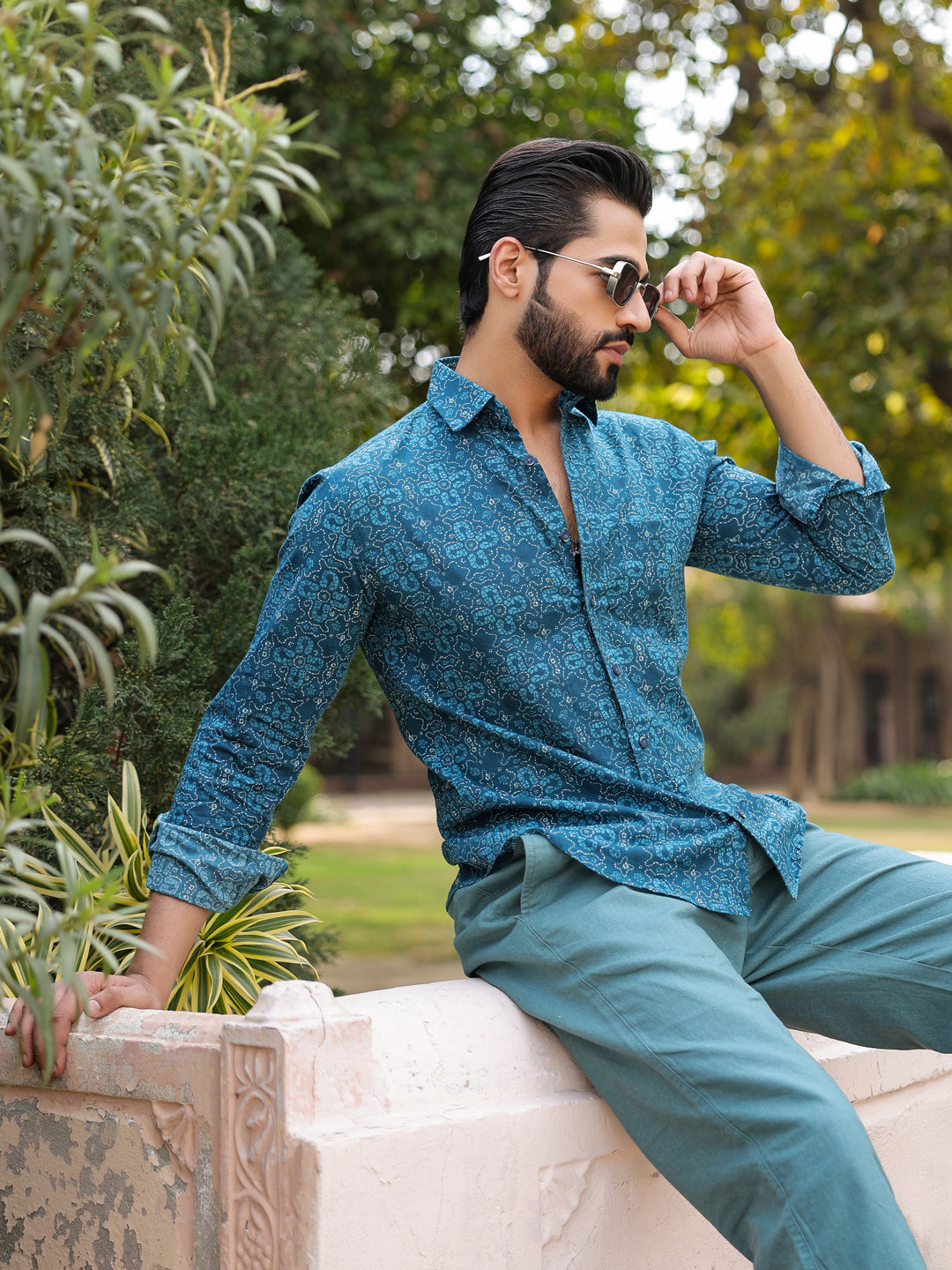 Men's Floral Print Pure Cotton Teal Casual Shirt - SanskrutiHomes