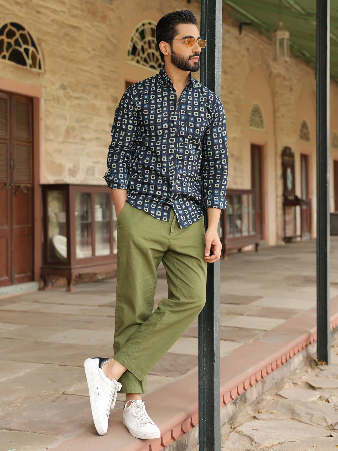 Men's Geometric Print Pure Cotton Navy Blue Casual Shirt