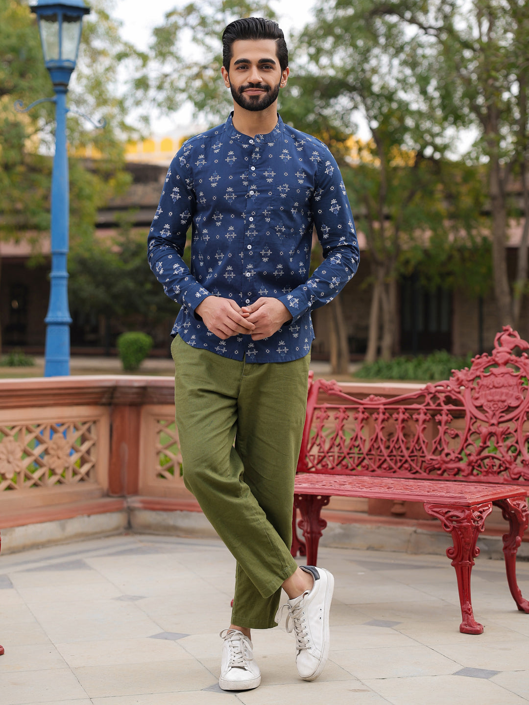 Men's Ethnic Print Pure Cotton Navy Blue Casual Shirt - SanskrutiHomes