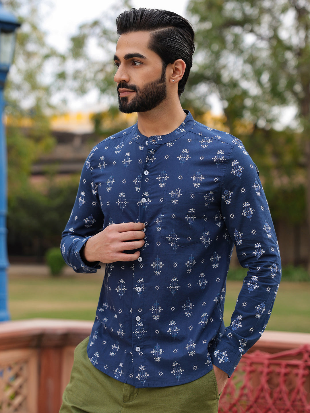 Men's Ethnic Print Pure Cotton Navy Blue Casual Shirt - SanskrutiHomes