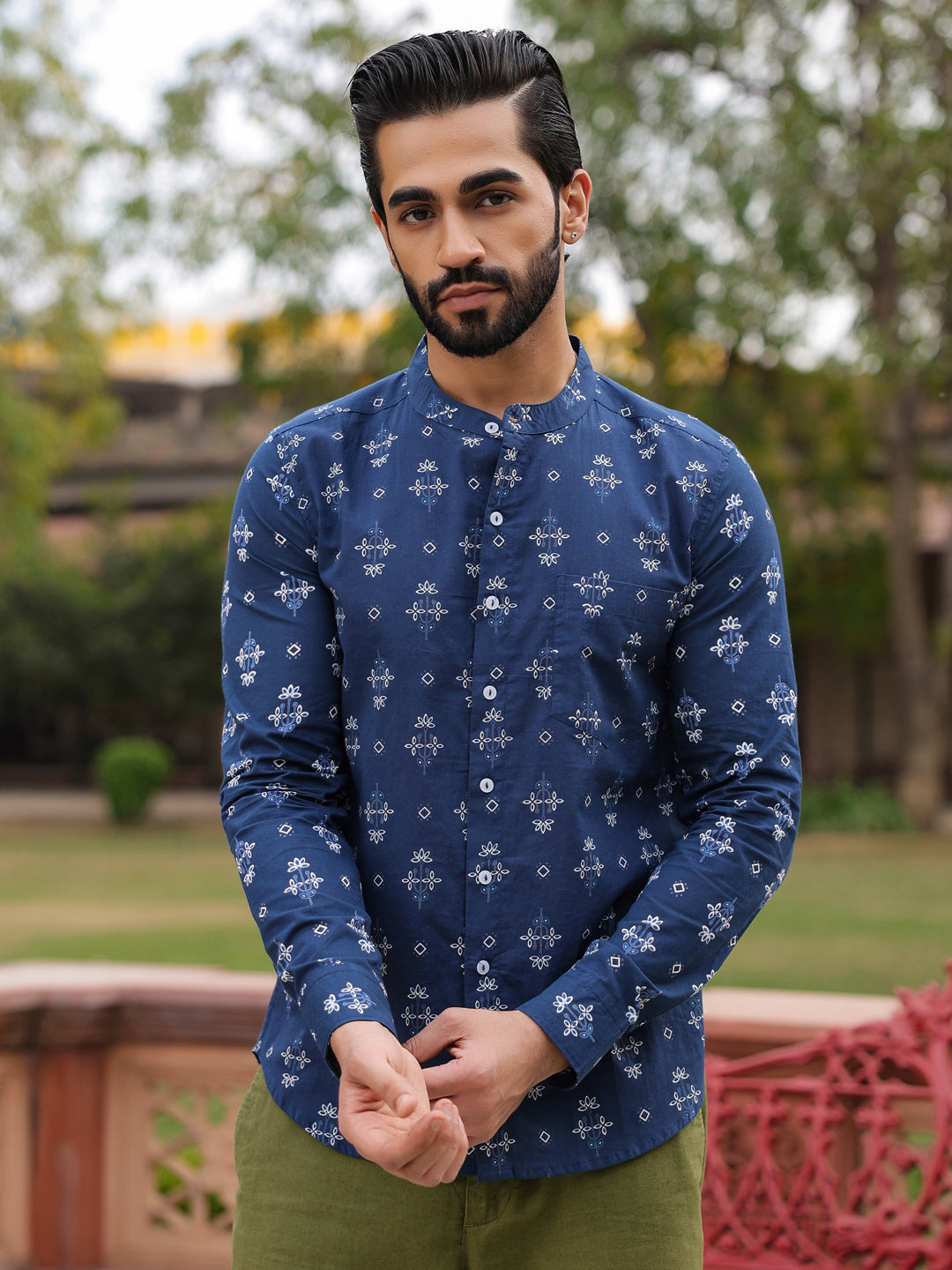 Men's Ethnic Print Pure Cotton Navy Blue Casual Shirt - SanskrutiHomes