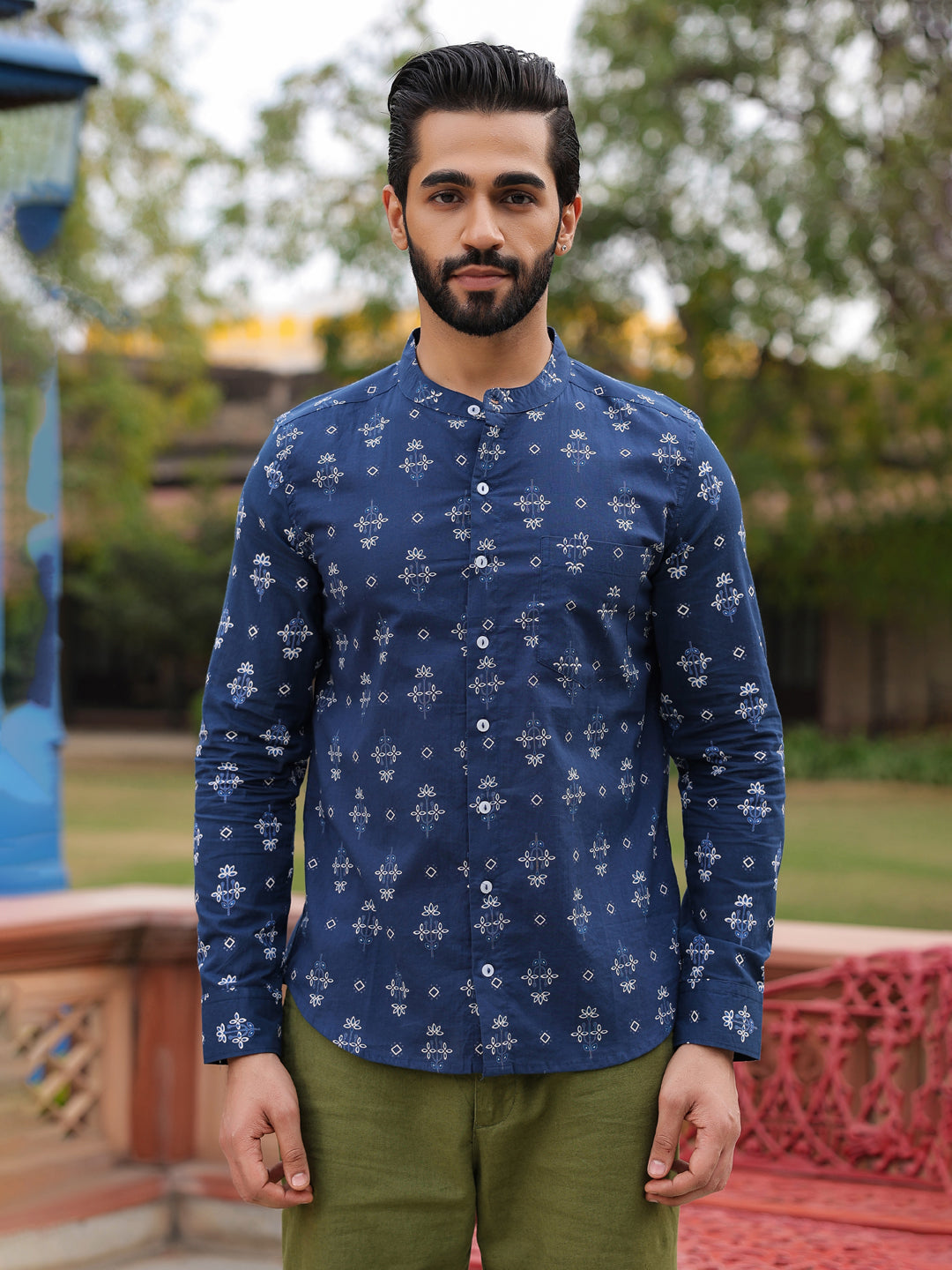 Men's Ethnic Print Pure Cotton Navy Blue Casual Shirt - SanskrutiHomes