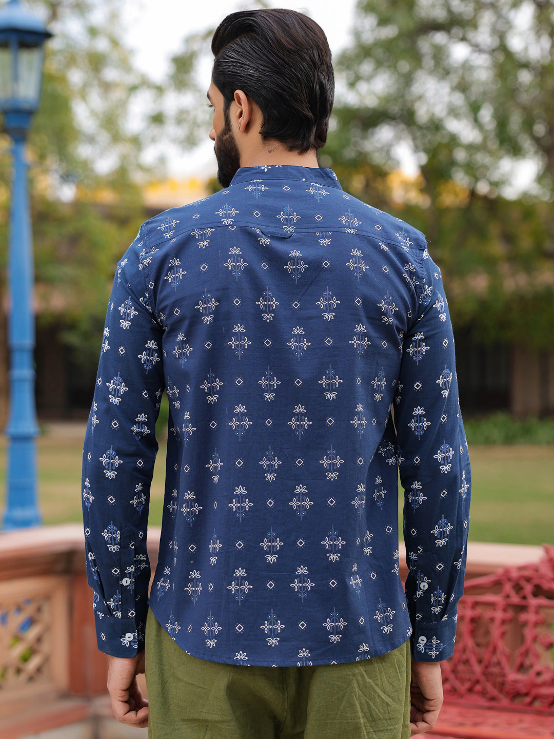 Men's Ethnic Print Pure Cotton Navy Blue Casual Shirt - SanskrutiHomes