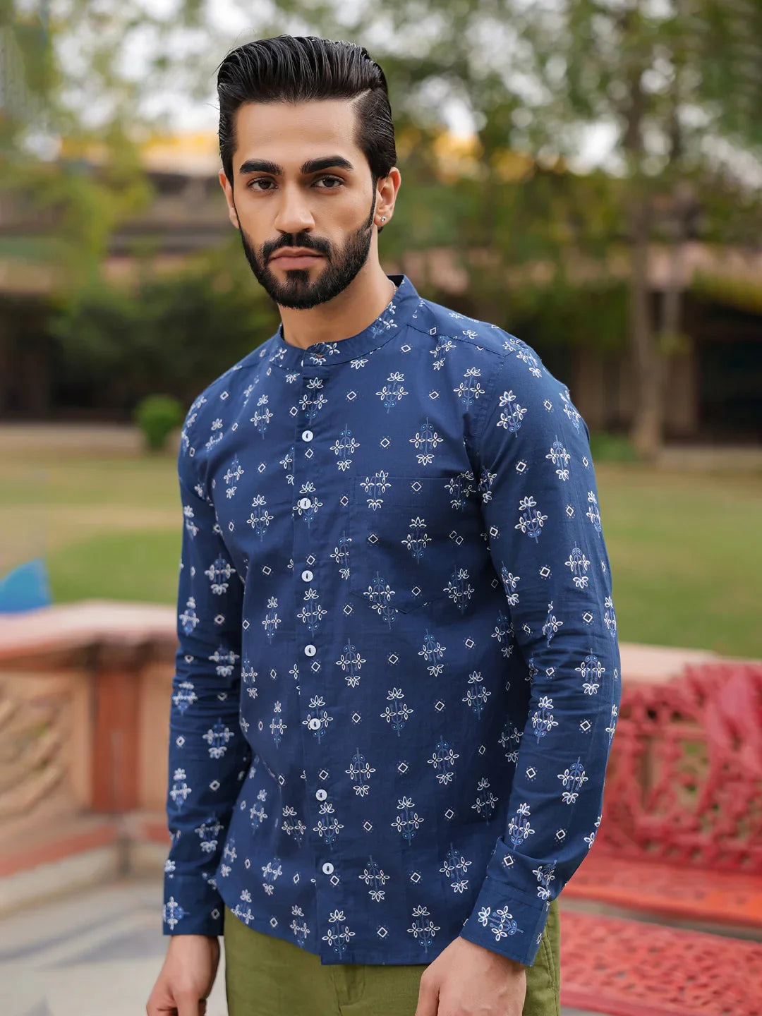 Men's Ethnic Print Pure Cotton Navy Blue Casual Shirt - SanskrutiHomes
