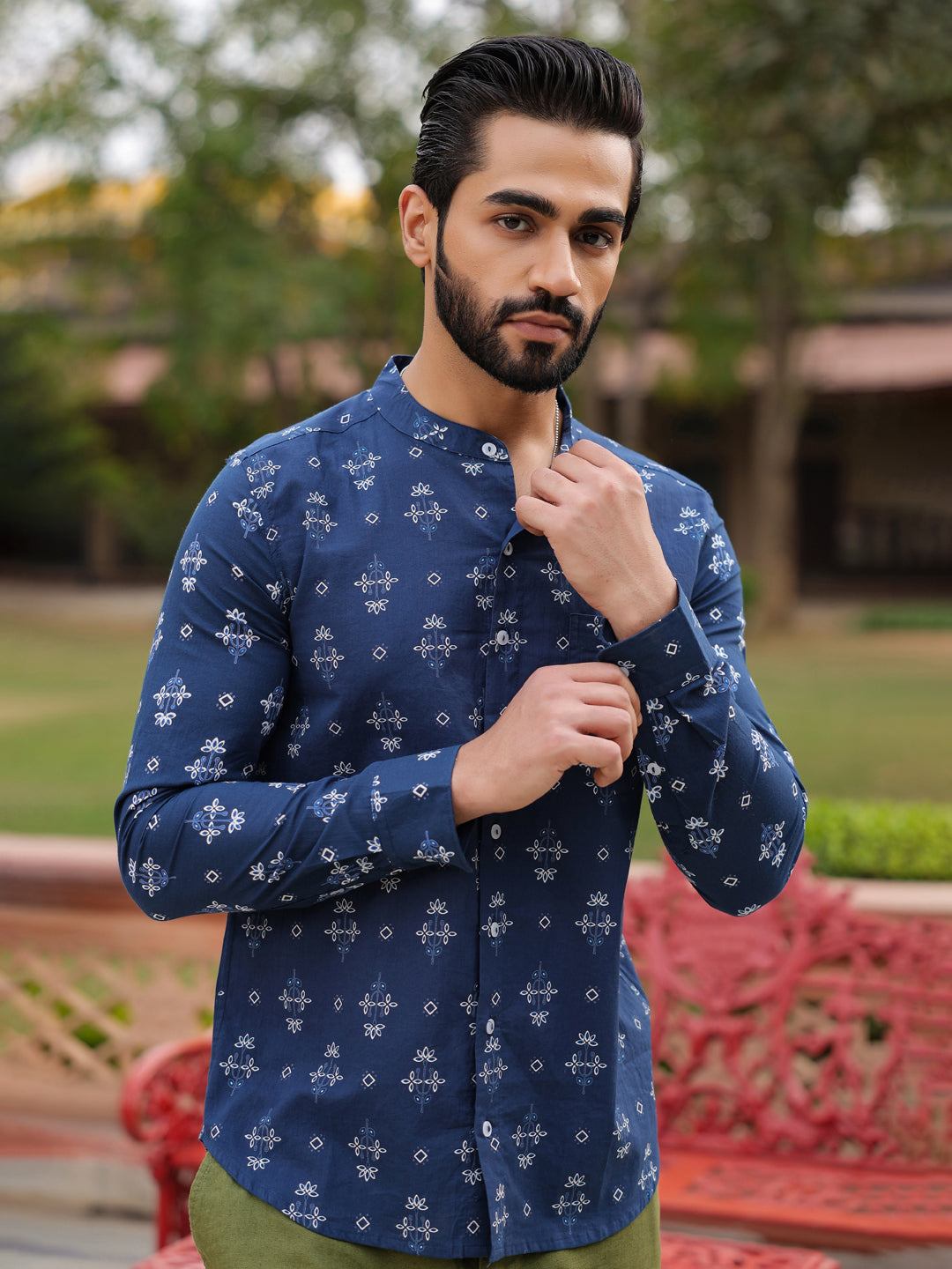 Men's Ethnic Print Pure Cotton Navy Blue Casual Shirt