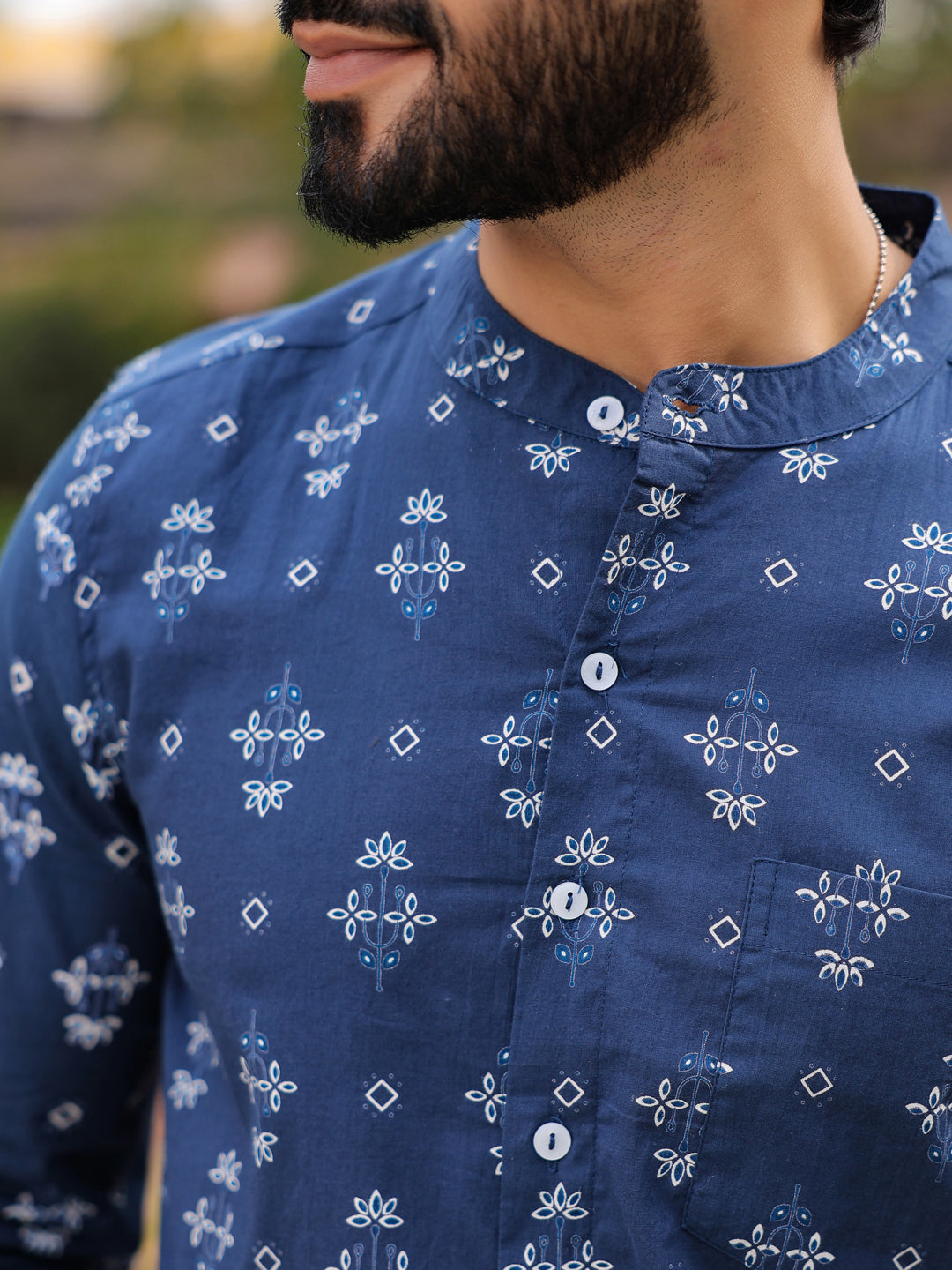 Men's Ethnic Print Pure Cotton Navy Blue Casual Shirt - SanskrutiHomes