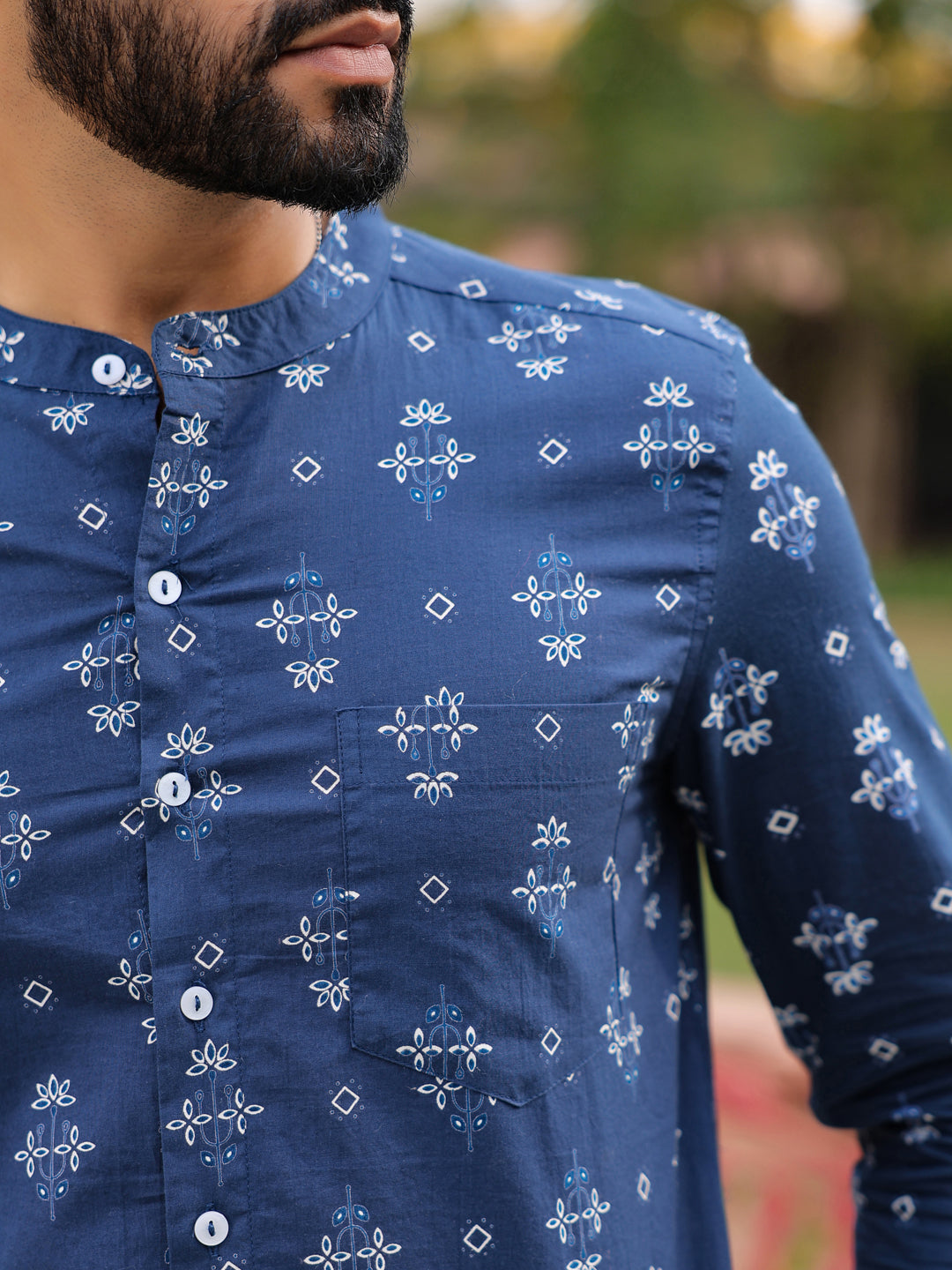 Men's Ethnic Print Pure Cotton Navy Blue Casual Shirt