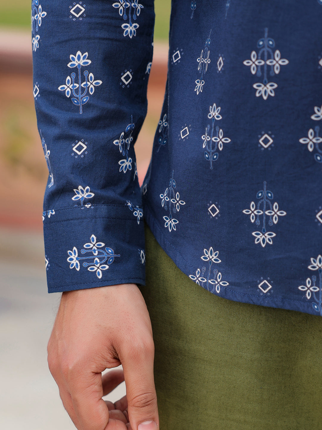 Men's Ethnic Print Pure Cotton Navy Blue Casual Shirt - SanskrutiHomes