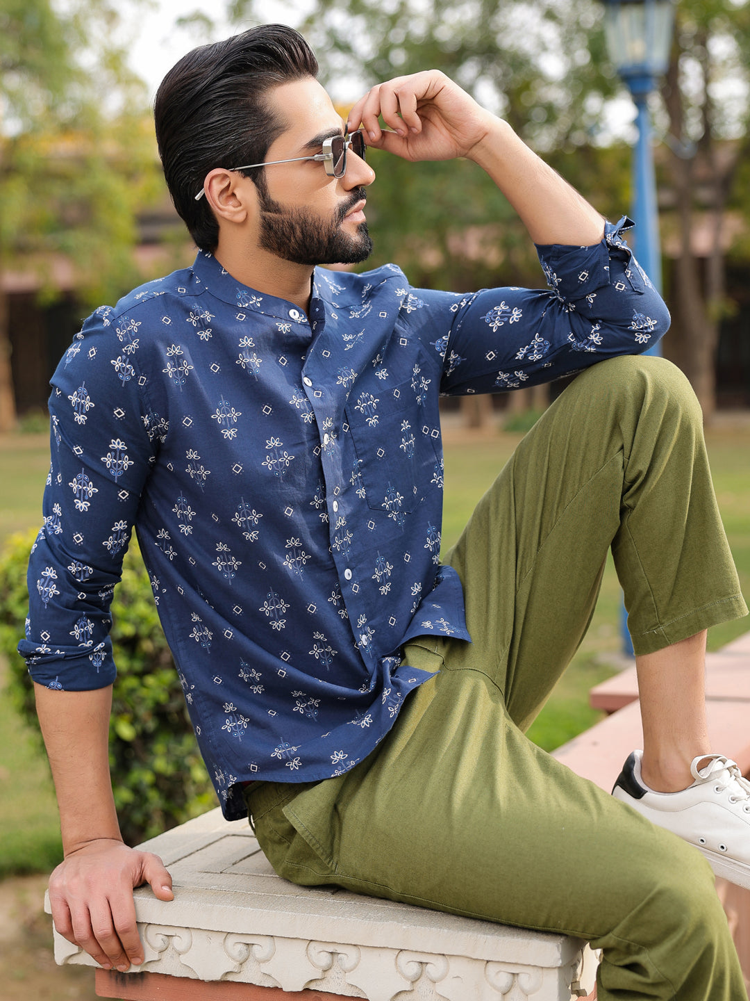 Men's Ethnic Print Pure Cotton Navy Blue Casual Shirt