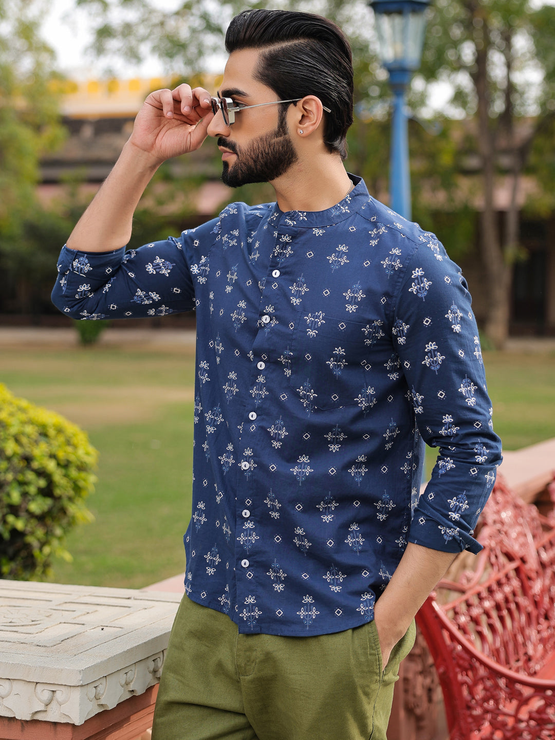 Men's Ethnic Print Pure Cotton Navy Blue Casual Shirt - SanskrutiHomes