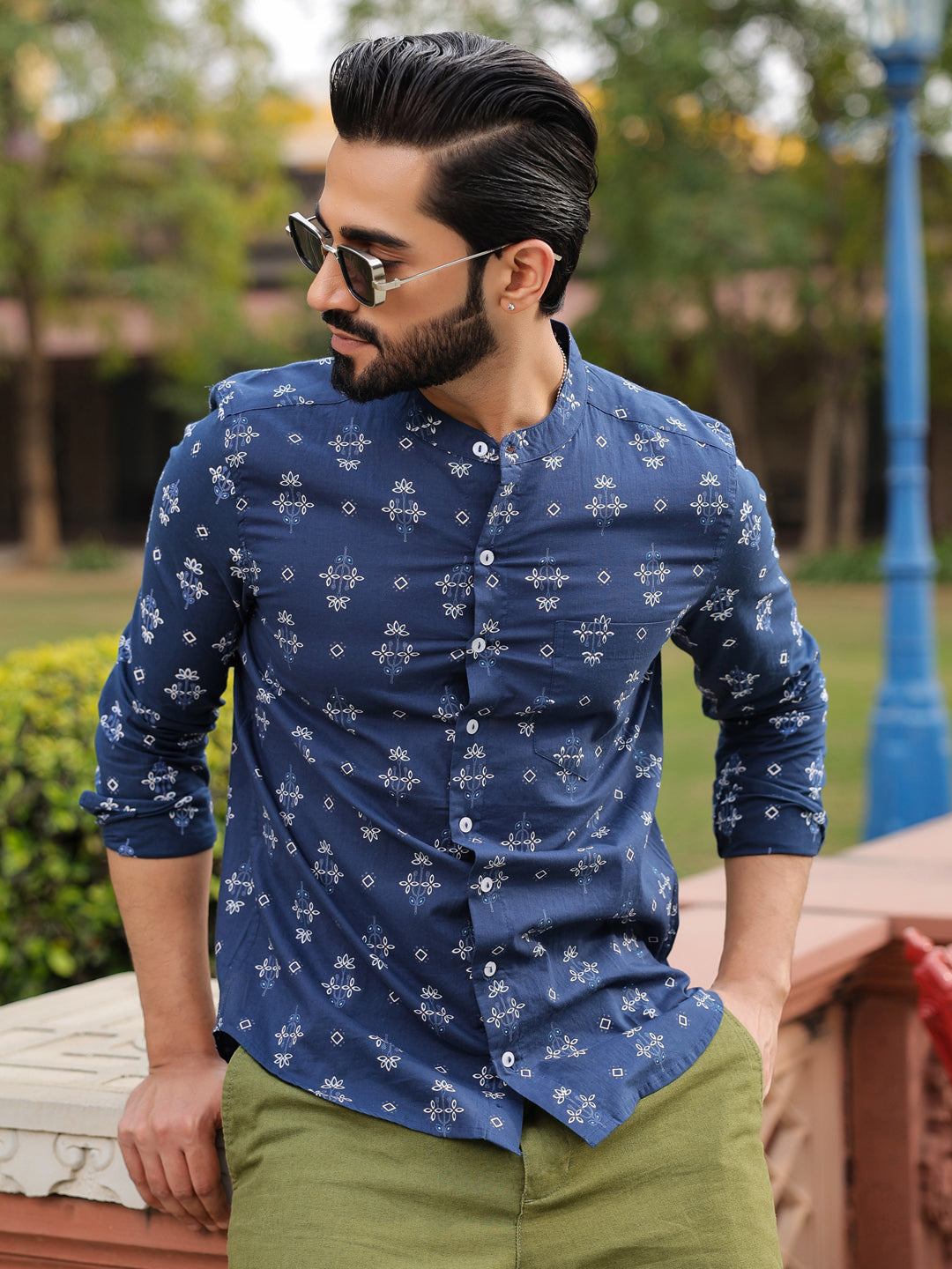 Men's Ethnic Print Pure Cotton Navy Blue Casual Shirt - SanskrutiHomes