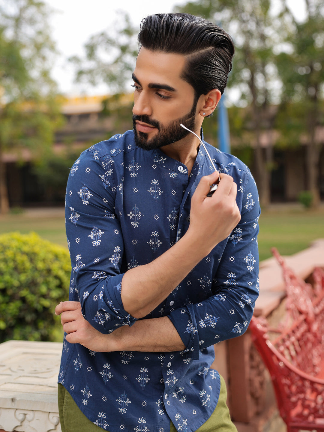 Men's Ethnic Print Pure Cotton Navy Blue Casual Shirt - SanskrutiHomes
