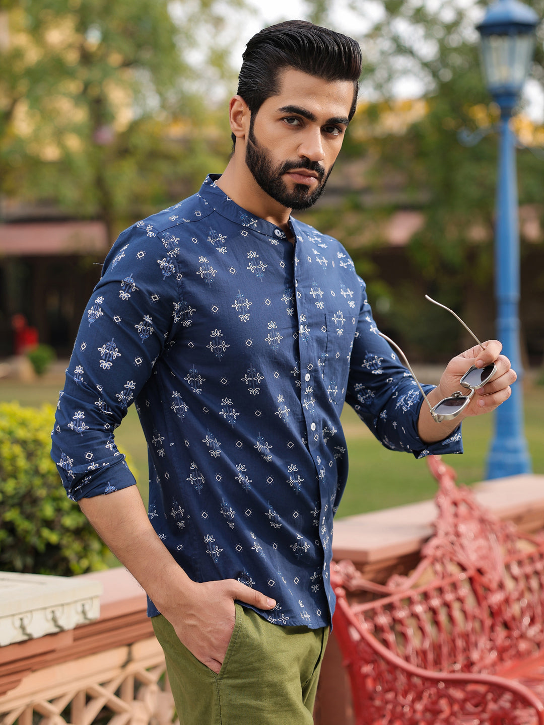 Men's Ethnic Print Pure Cotton Navy Blue Casual Shirt