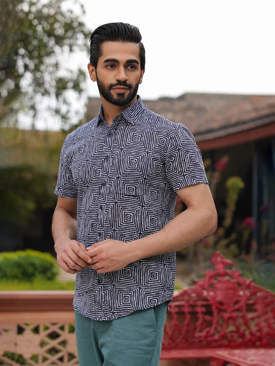 Men's Pure Cotton Blue Casual Shirt - SanskrutiHomes