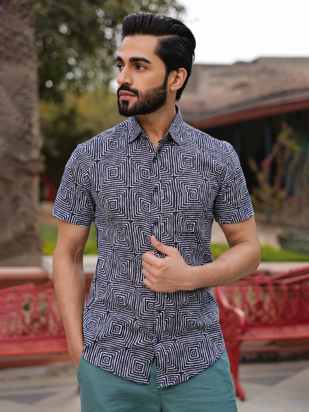 Men's Pure Cotton Blue Casual Shirt - SanskrutiHomes