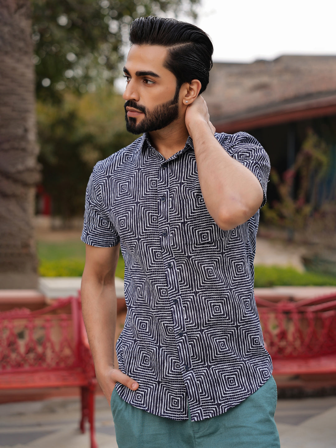 Men's Pure Cotton Blue Casual Shirt - SanskrutiHomes