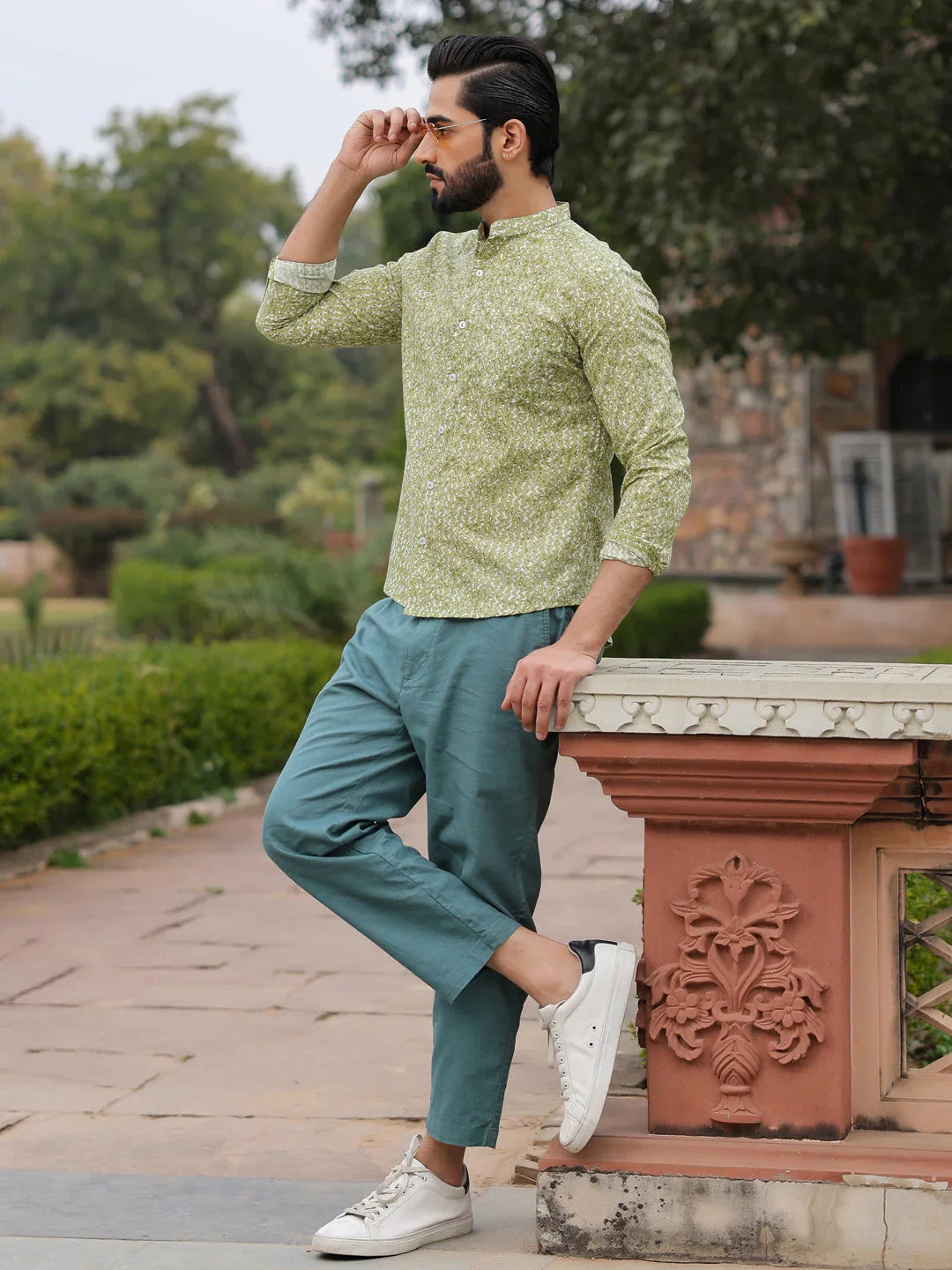 Men's Pure Cotton Green Casual Shirt - SanskrutiHomes