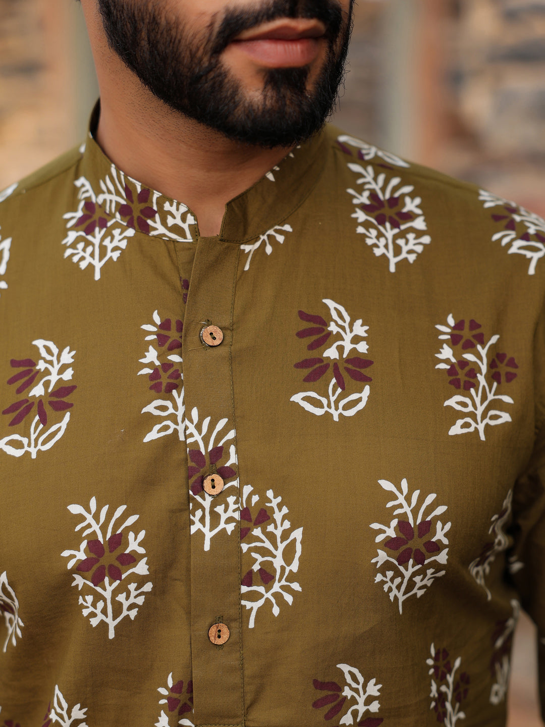 Men's Ethnic Motifs Pure Cotton Olive Printed Kurta