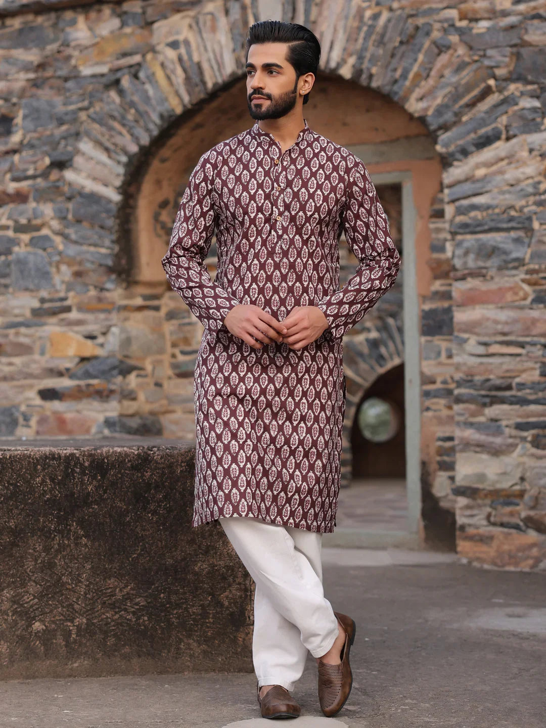 Men's Ethnic Motifs Pure Cotton Vine Printed Kurta - SanskrutiHomes