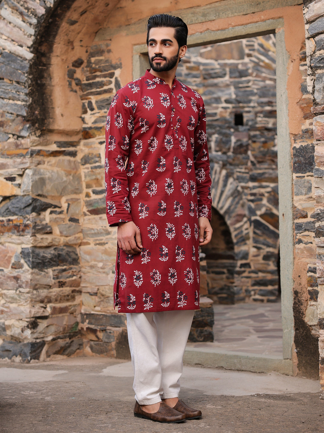 Men's Ethnic Motifs Pure Cotton Maroon Printed Kurta