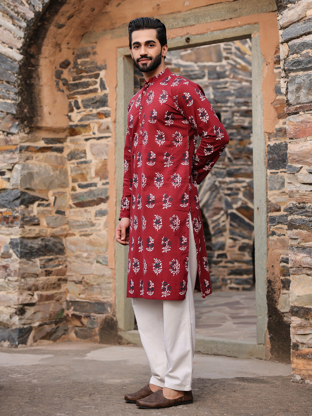 Men's Ethnic Motifs Pure Cotton Maroon Printed Kurta