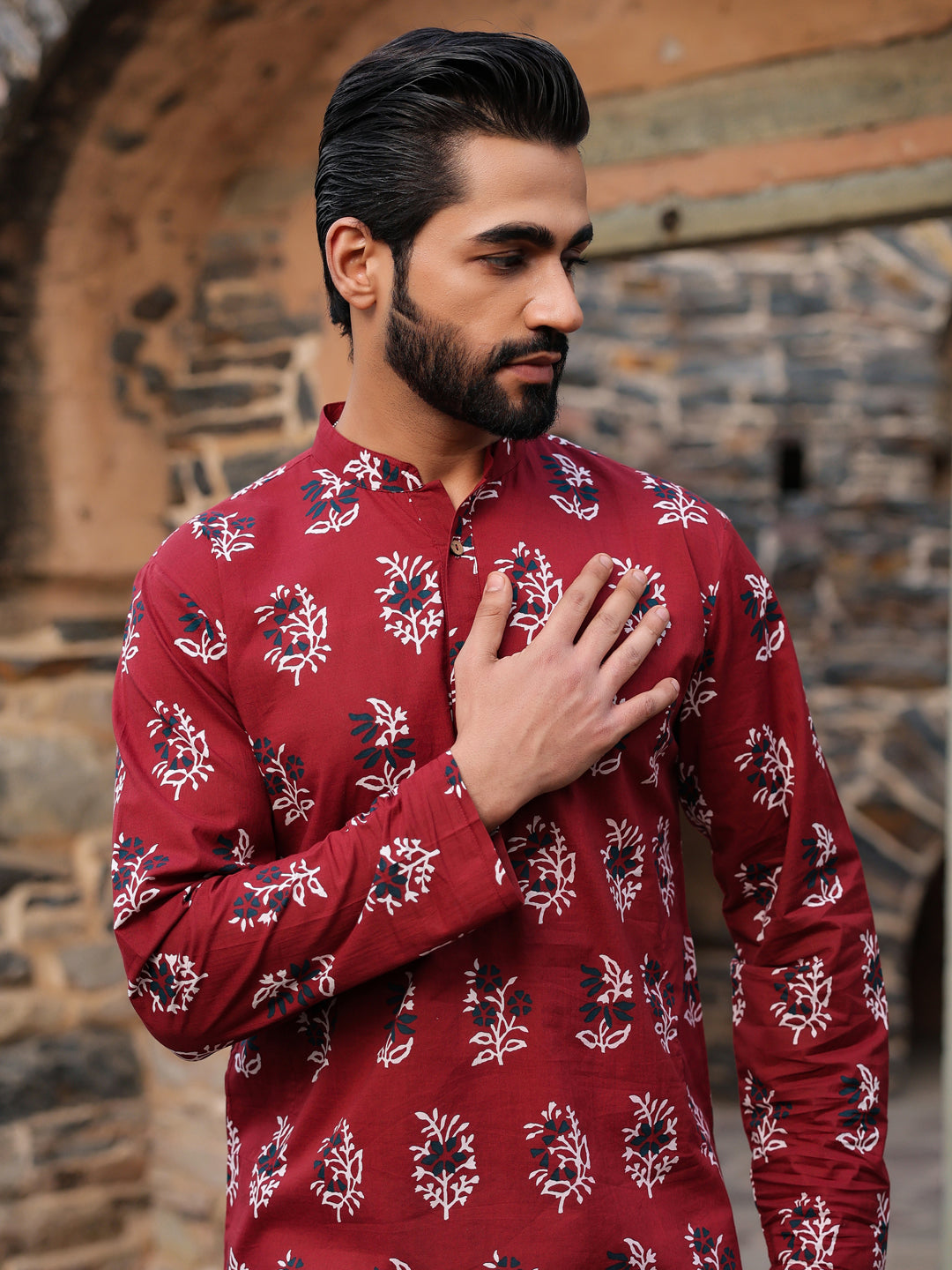 Men's Ethnic Motifs Pure Cotton Maroon Printed Kurta