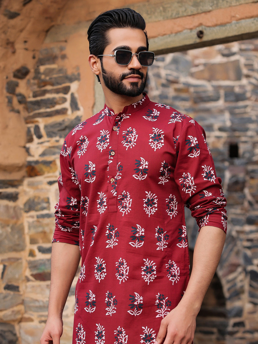 Men's Ethnic Motifs Pure Cotton Maroon Printed Kurta