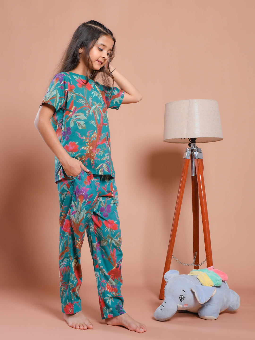 Blue Floral Printed Round Neck Kids Night Suit