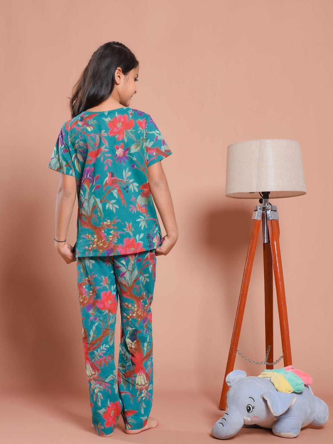 Blue Floral Printed Round Neck Kids Night Suit