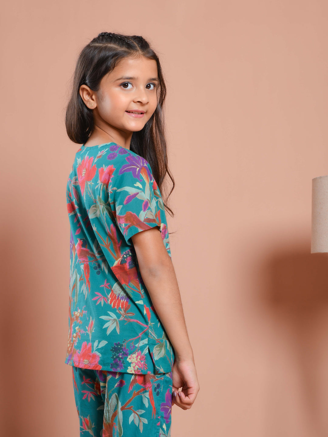 Blue Floral Printed Round Neck Kids Night Suit