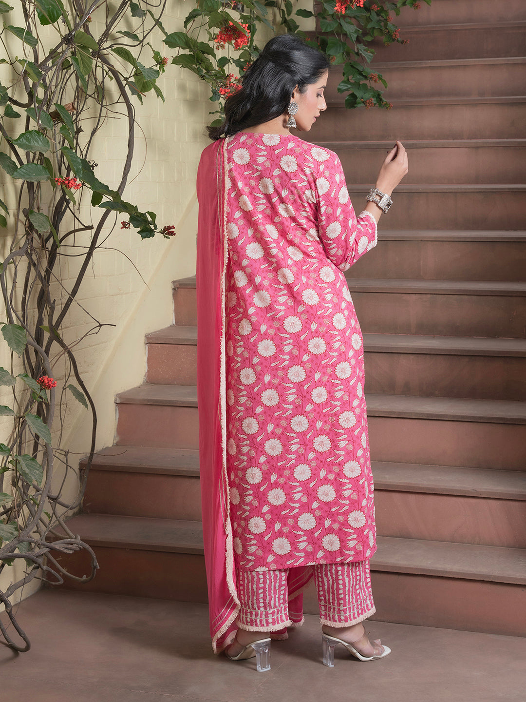 Floral Printed Pure Cotton Straight Kurta With Trousers & Dupatta