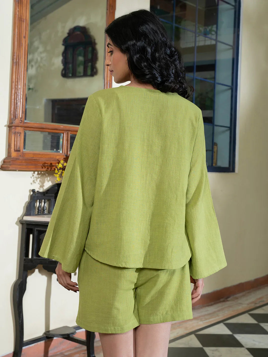 Cotton Solid Green Night Suit with Shorts - SanskrutiHomes