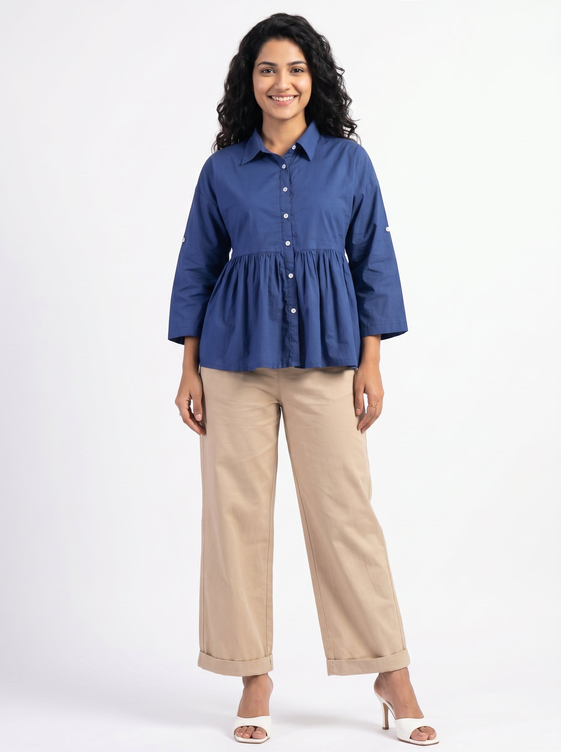 Blue Solid Spread Collar Cotton Shirt For Women