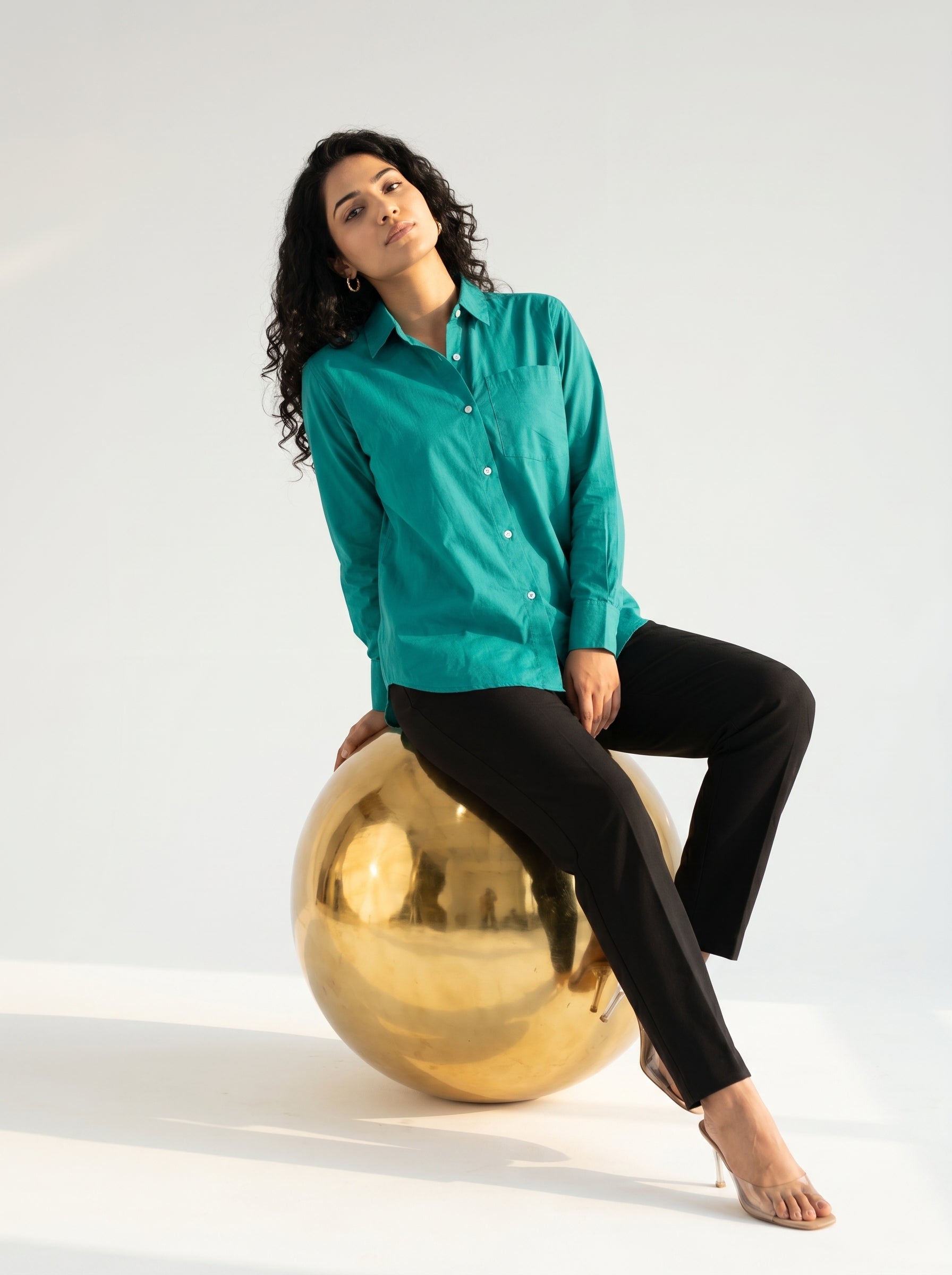 Teal Spread Collar Full Sleeve Solid Cotton Shirt For Women