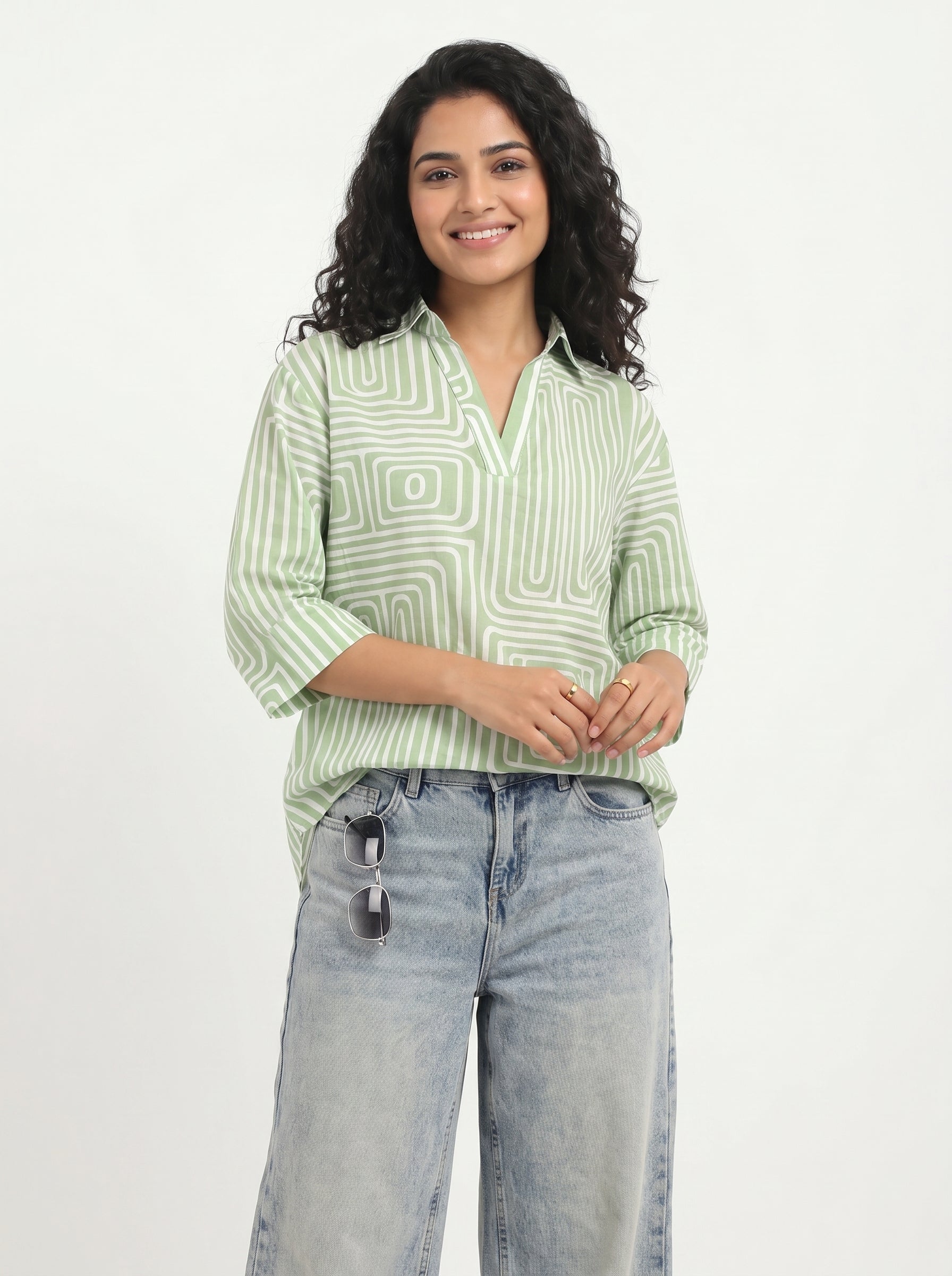 Green Shirt Collar Geometric Print Cotton Top For Women