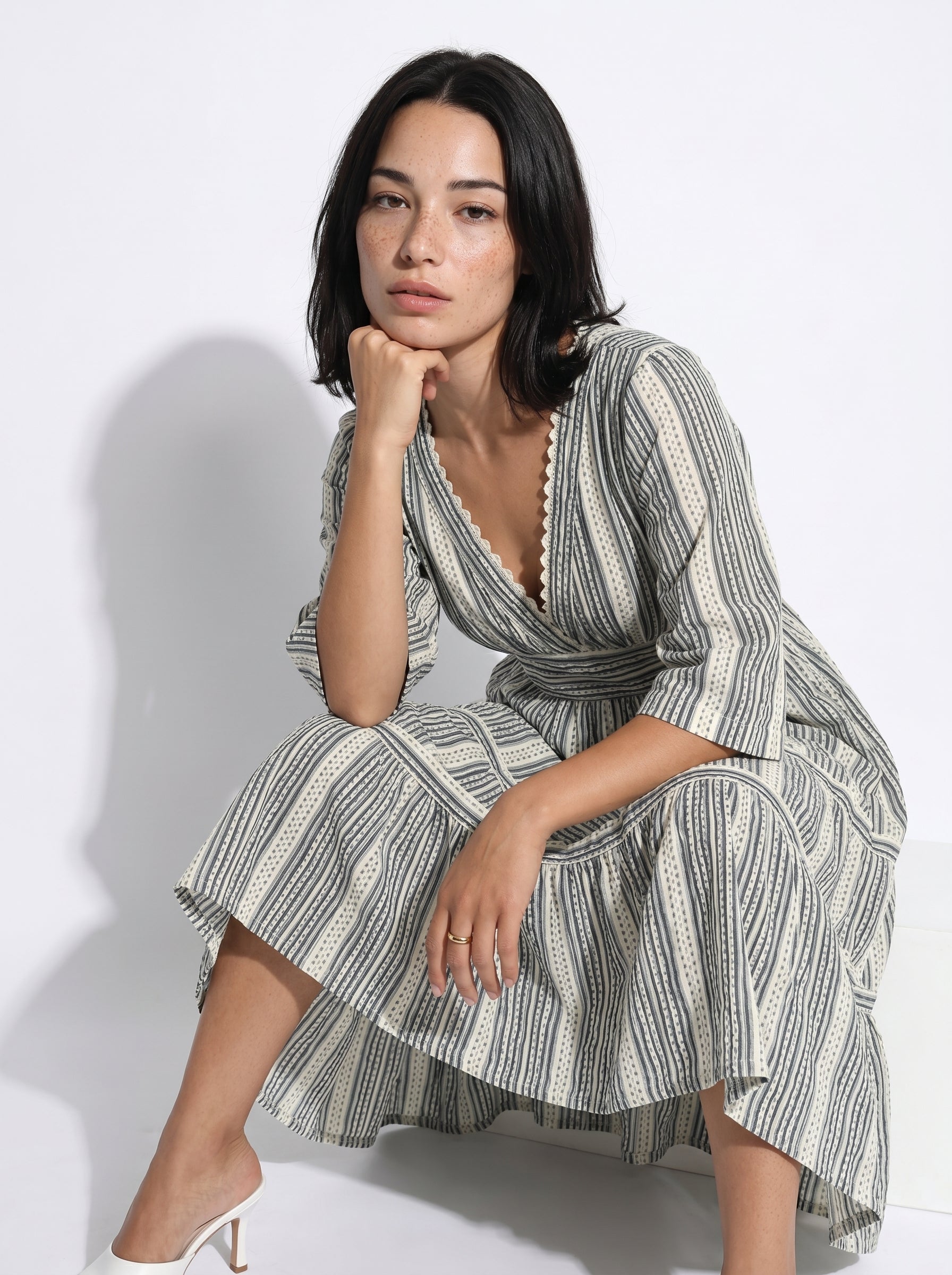 Off White V-Neck Abstract Print Cotton Flared Dress For Women