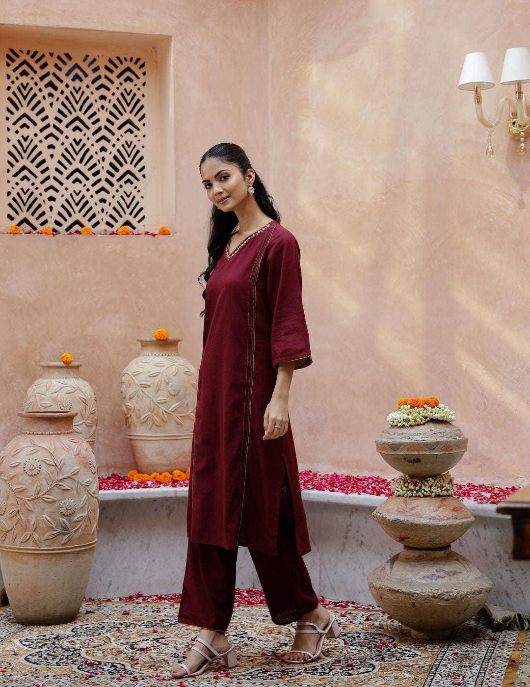 V-Neck Cotton Maroon Kurta Set For Women