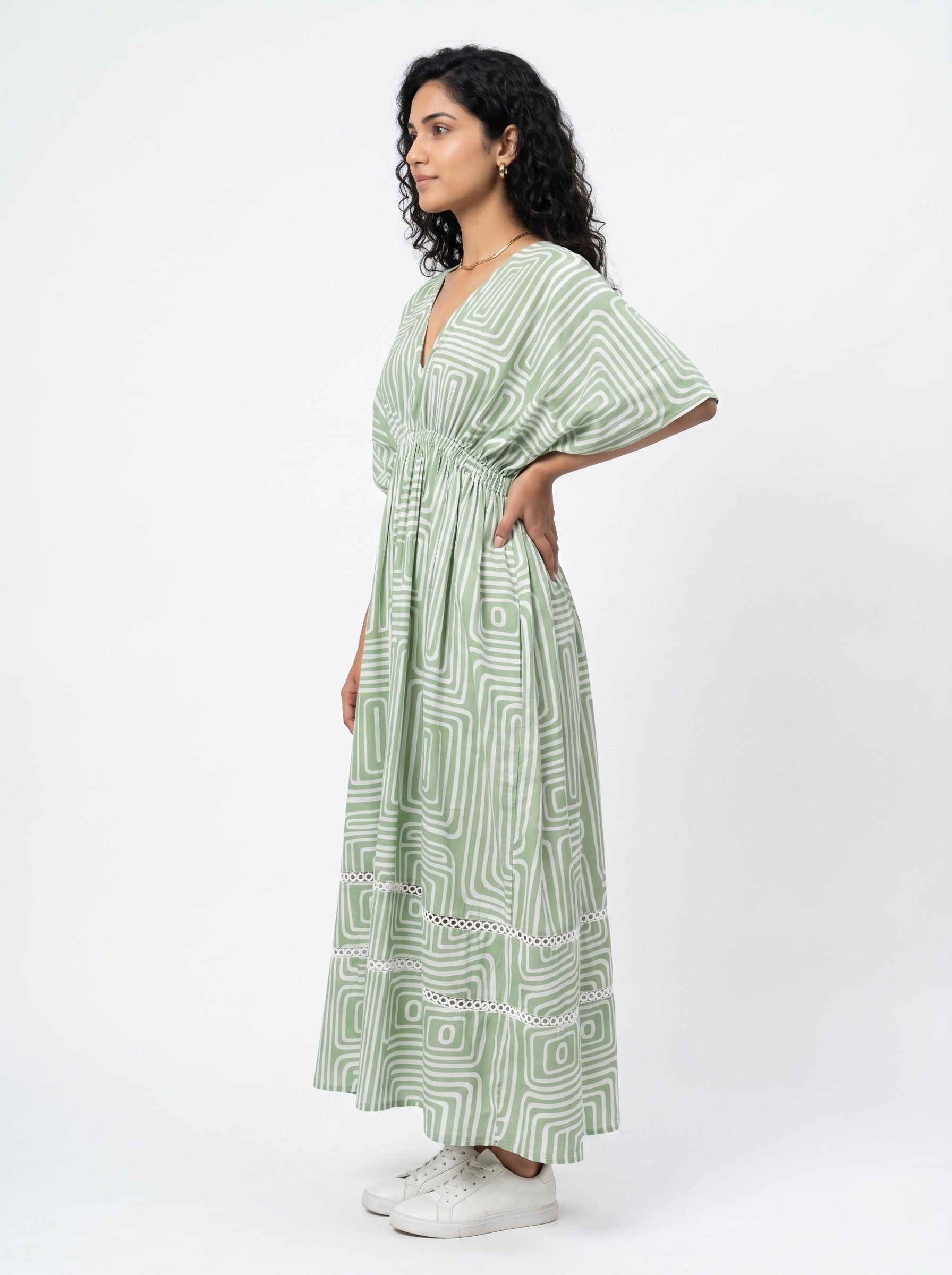 Off White Abstract Print V-Neck Flared Cotton Dress For Women