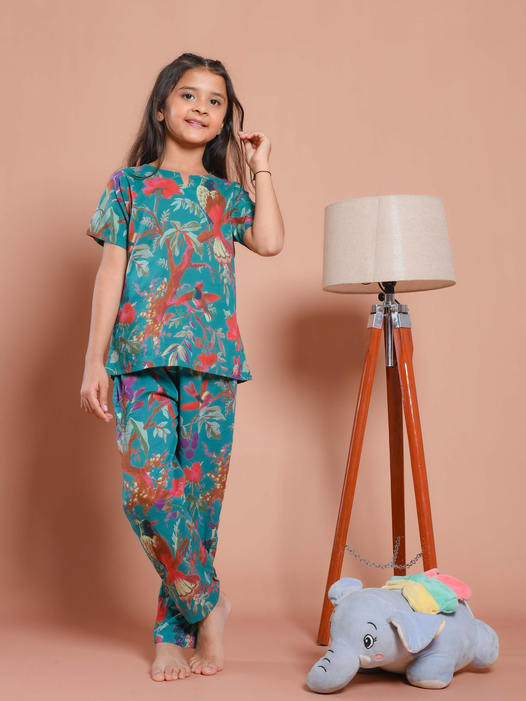 Blue Floral Printed Round Neck Kids Night Suit
