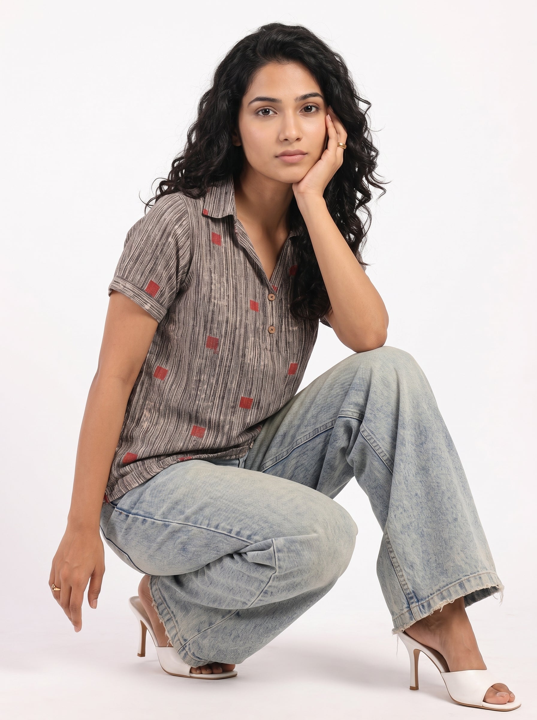 Grey Shirt Collar Abstract Print Cotton Top For Women
