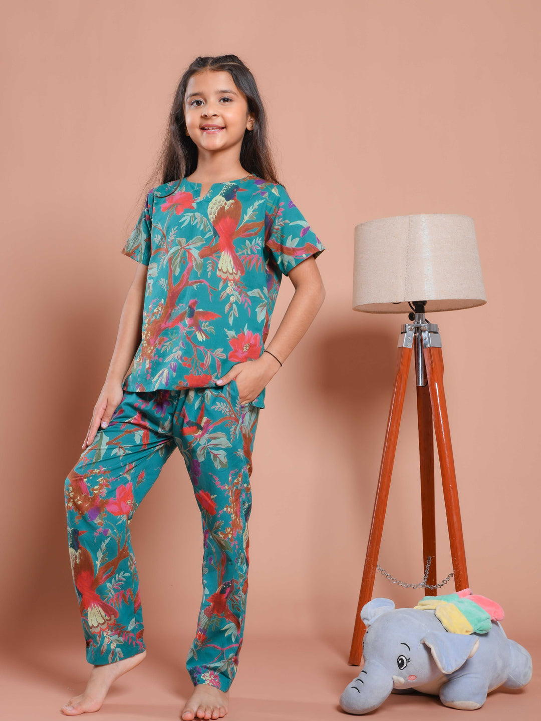 Blue Floral Printed Round Neck Kids Night Suit