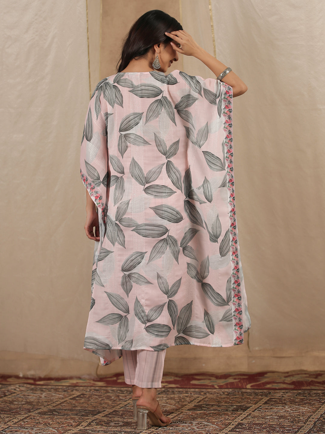 Peach Round Neck Kaftan Kurta Set For Women