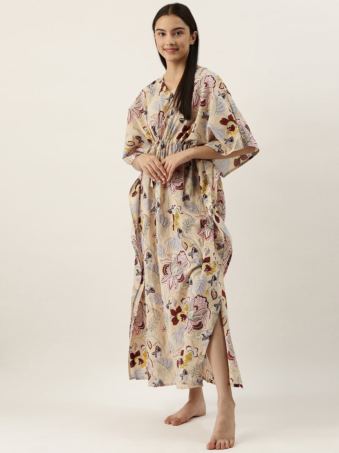Beige Cotton Printed Kaftan Maxi Dress