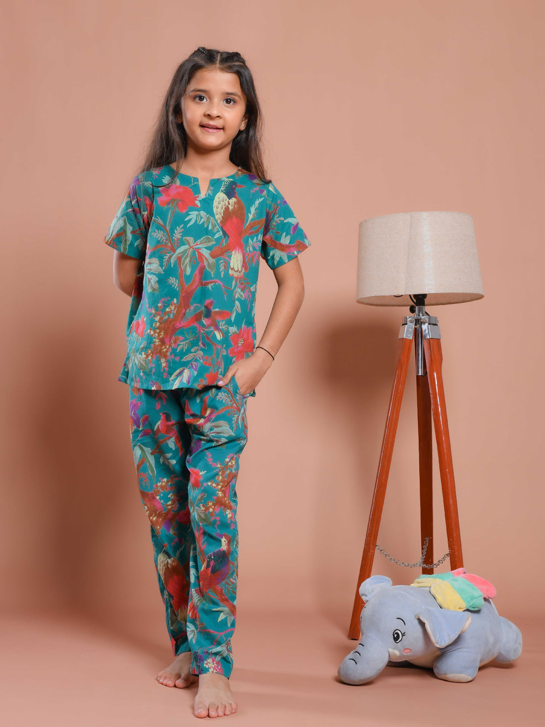 Blue Floral Printed Round Neck Kids Night Suit