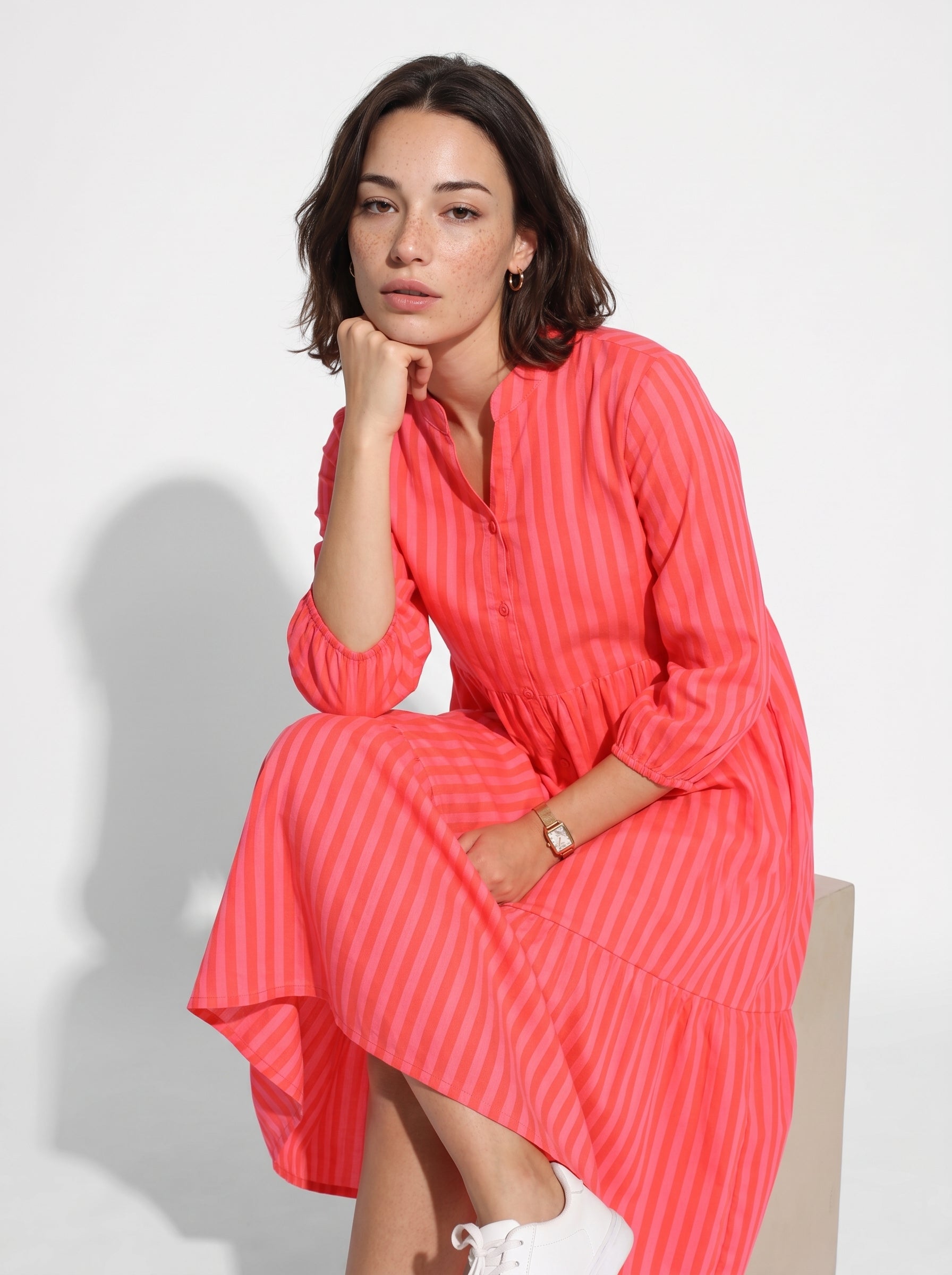 Pink Round Neck Striped Flared Cotton Dress For Women