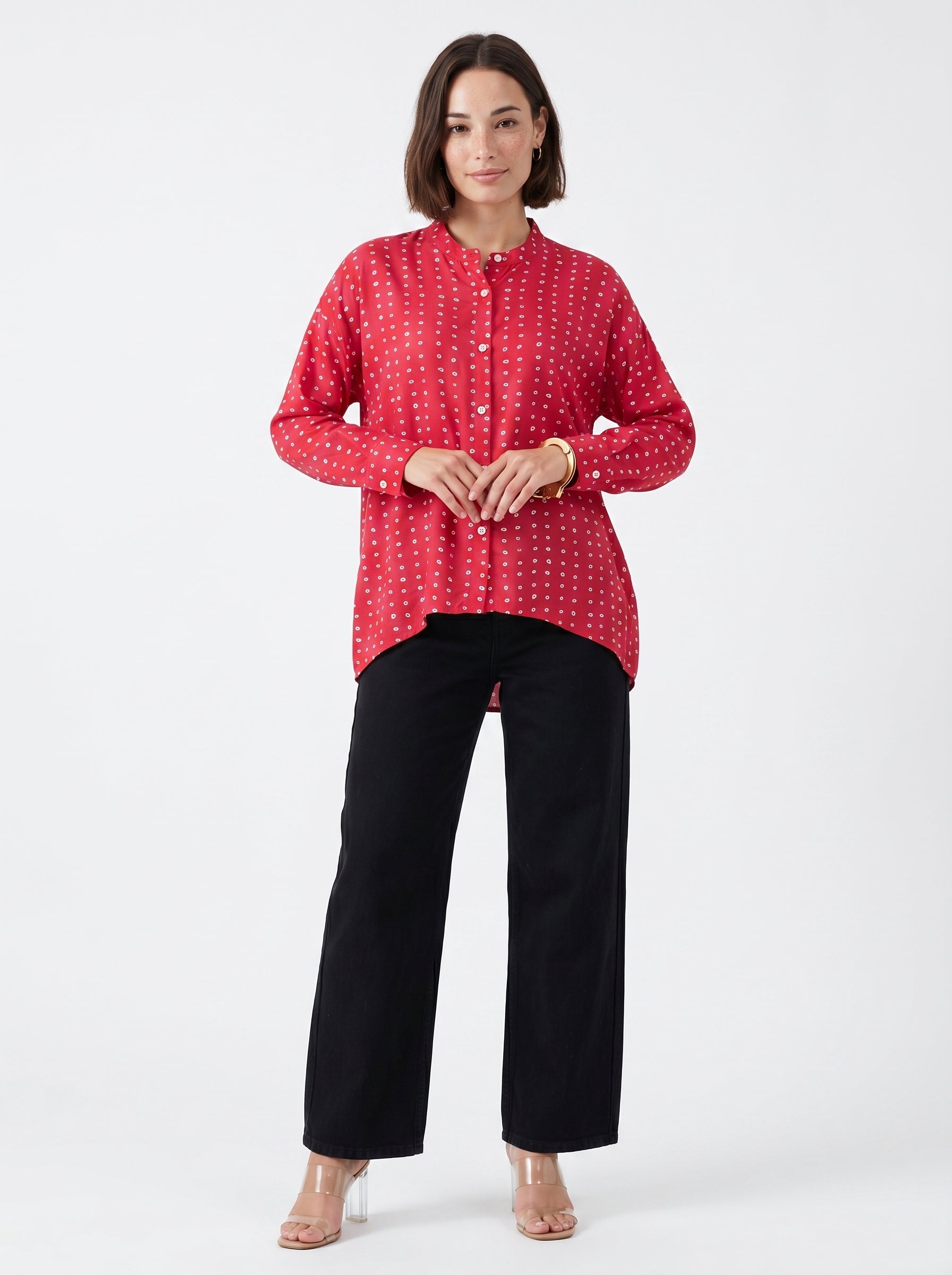 Pink Geometric Print Mandarin Collar Shirt For Women