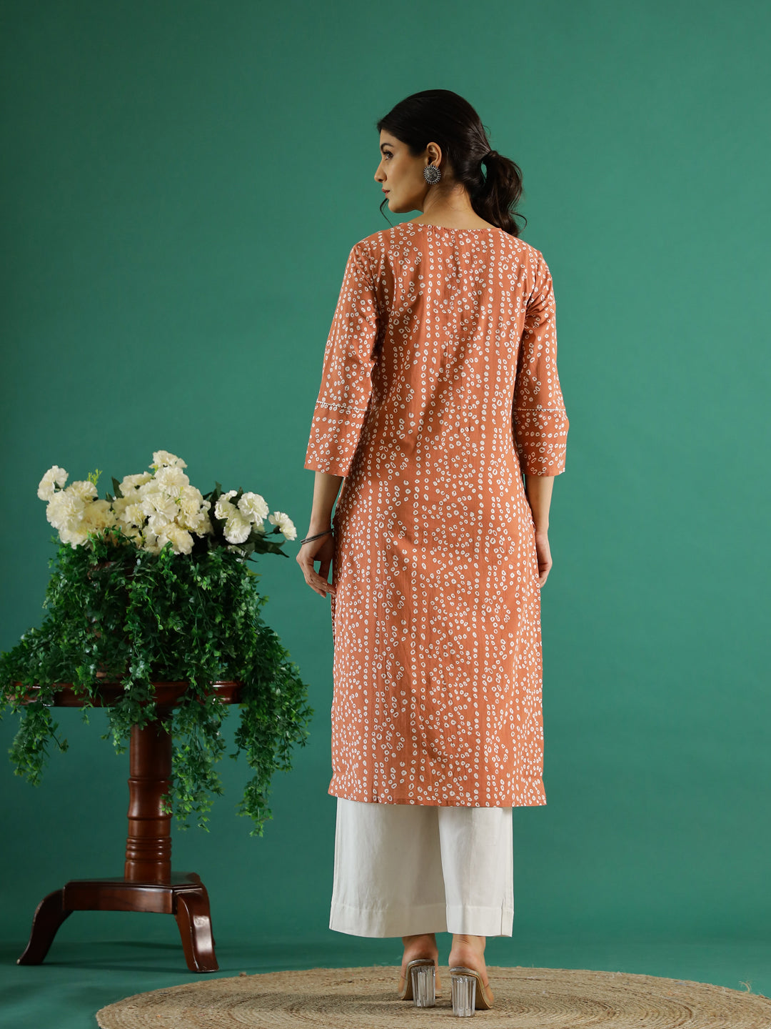 Orange White Dotted Printed Cotton Kurta