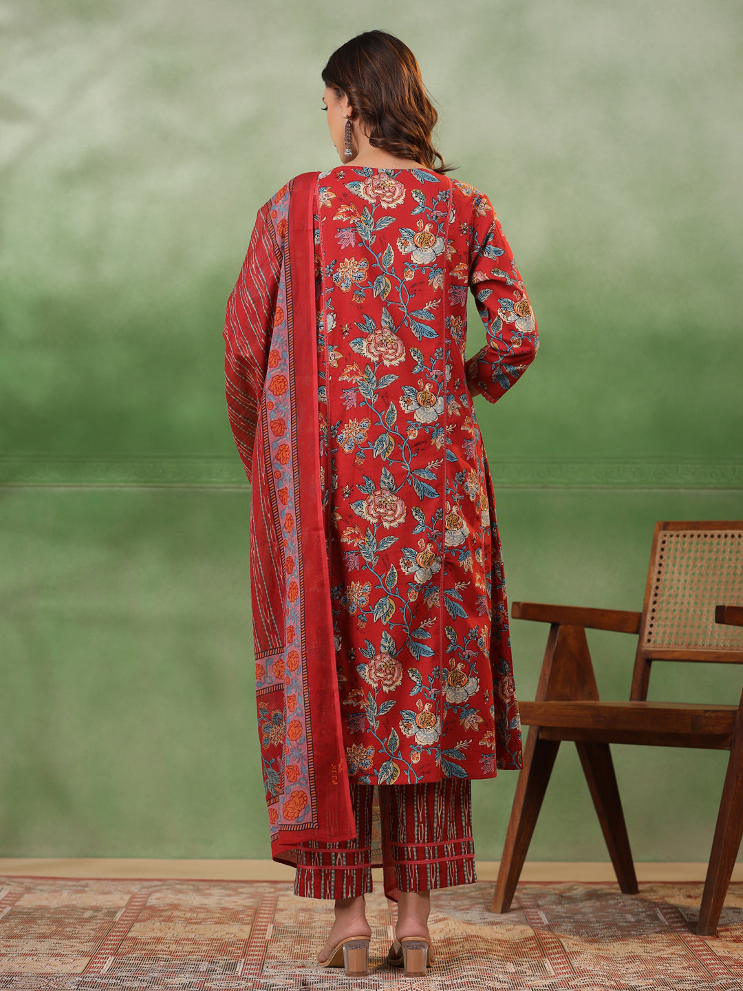 Maroon Cotton Round Neck Floral Printed Kurta Set For Women