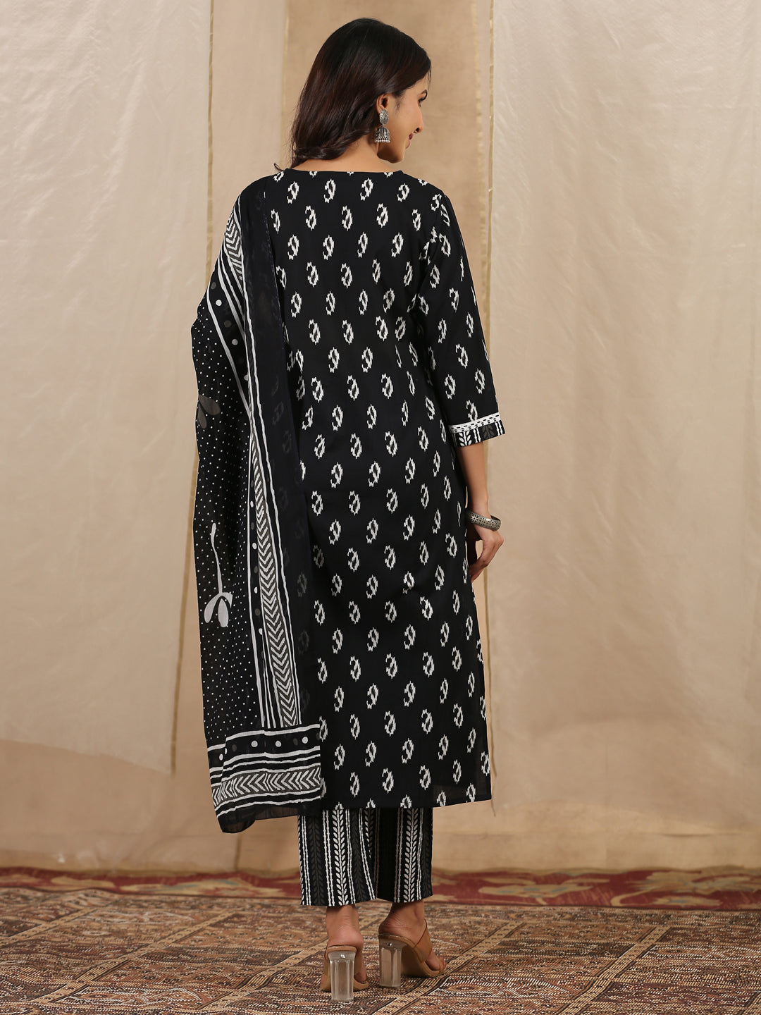 Black V-Neck Ethnic Motifs Print Pure Cotton Kurta With Trousers & Dupatta