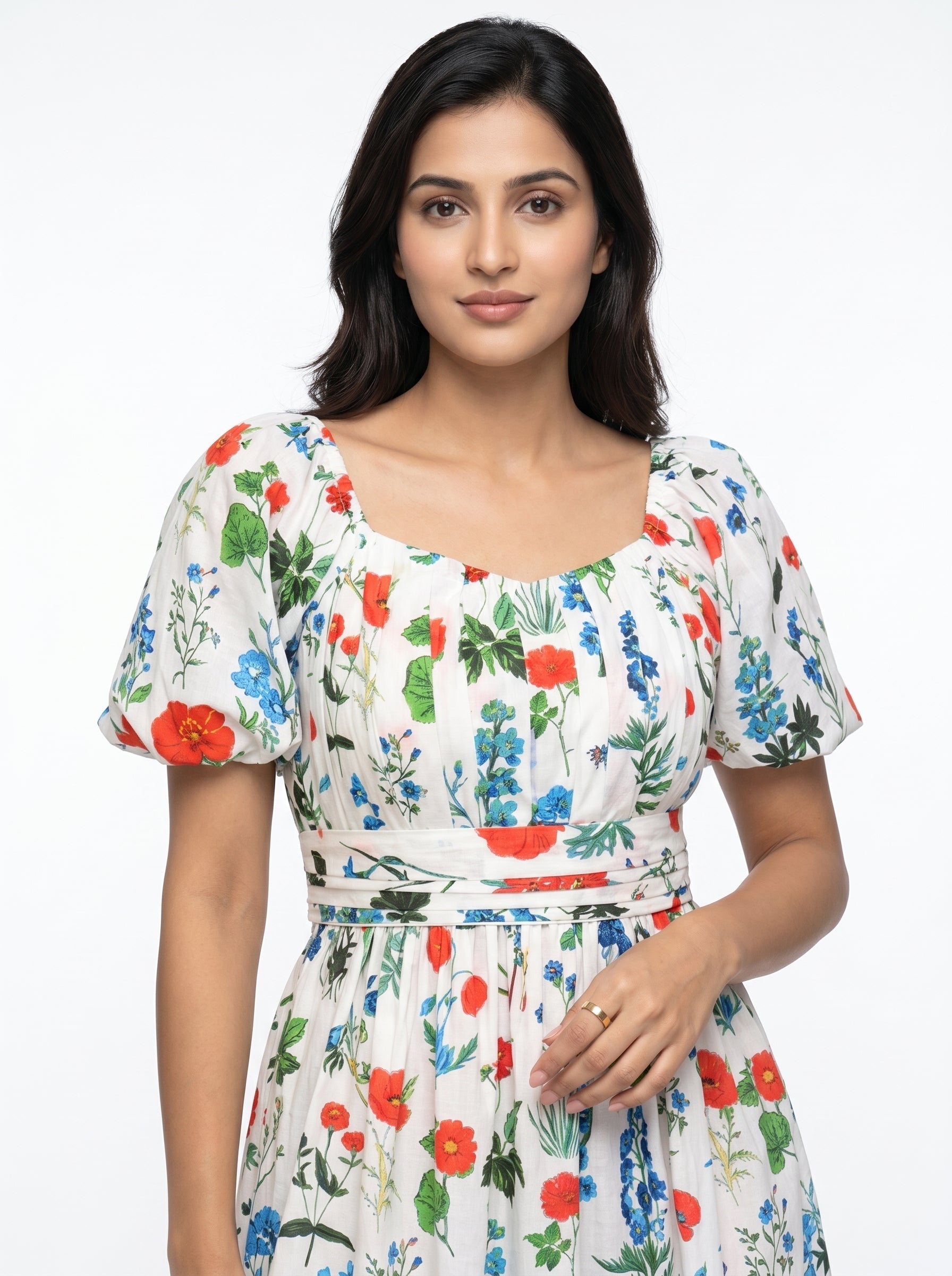 White Round Neck Floral Print Flared Pure Cotton Dress For Women